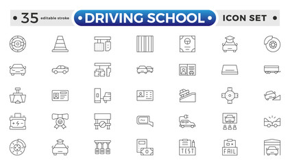 Driving School Outline Icon Set – Cars, Traffic, Education, and Transportation. Editable stroke outline icon.
