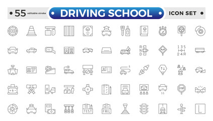 Driving School Outline Icon Set – Cars, Traffic, Education, and Transportation. Editable stroke outline icon.
