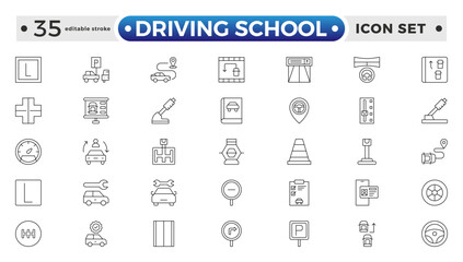 Driving School Outline Icon Set – Cars, Traffic, Education, and Transportation. Editable stroke outline icon.
