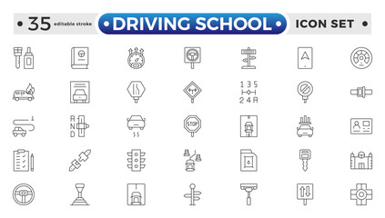 Driving School Outline Icon Set – Cars, Traffic, Education, and Transportation. Editable stroke outline icon.
