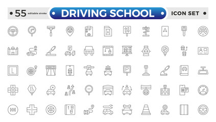 Driving School Outline Icon Set – Cars, Traffic, Education, and Transportation. Editable stroke outline icon.
