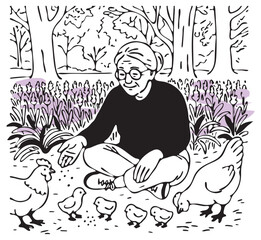 cute old lady sits and feeds chickens vector sketch. hens on a walk with grandma on the background of a forest and lavender field vector sketch