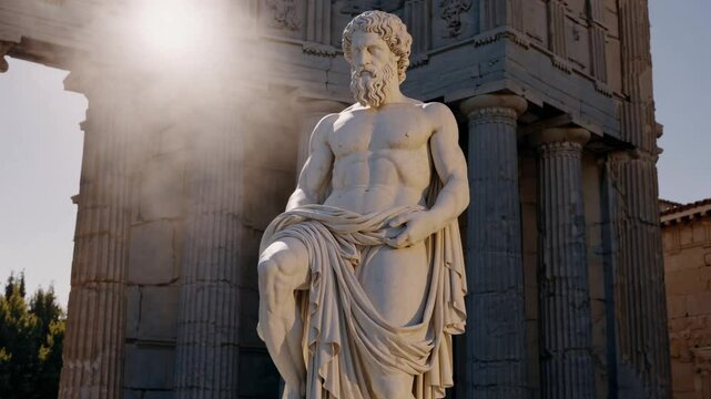 Marble statue of Aristotle illuminated by sunlight in classical outdoor setting, symbolizing ancient wisdom, reason, philosophy, education, and intellectual legacy of Greek thinkers
