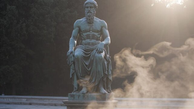 statue of philosopher Aristotle seated in foggy light, symbolizing classical wisdom, enlightenment, Greek philosophy, education, and the pursuit of knowledge