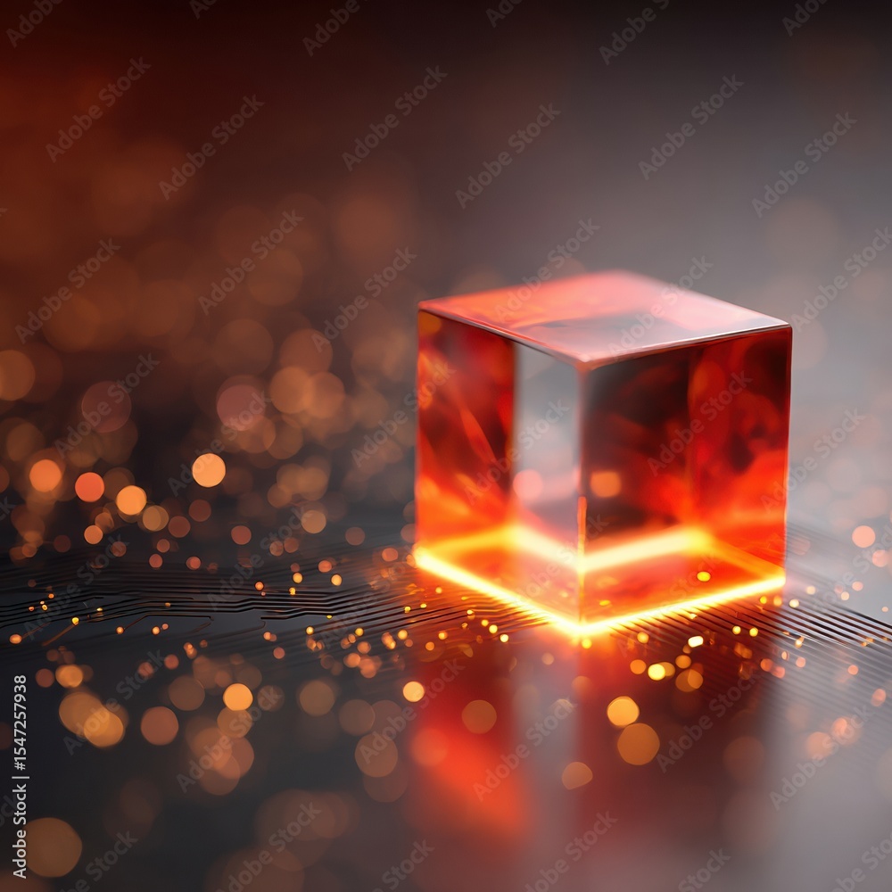 Poster glowing transparent cube on circuit board with digital network connections - futuristic technology a