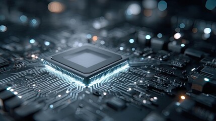 Scalable processor using next design concept. Close-up view of a microprocessor on a circuit board.