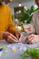 Fototapeta premium Caucasian mature couple solving puzzle and enjoying wine together at home