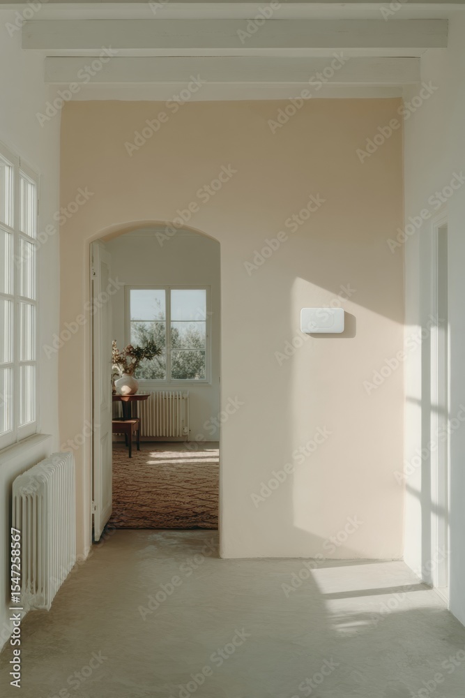 Poster smart thermostat in modern minimalist home with touchscreen interface and natural light for precisio