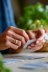 Obraz premium Close-up of caucasian female hands organizing cards on table with greenery background