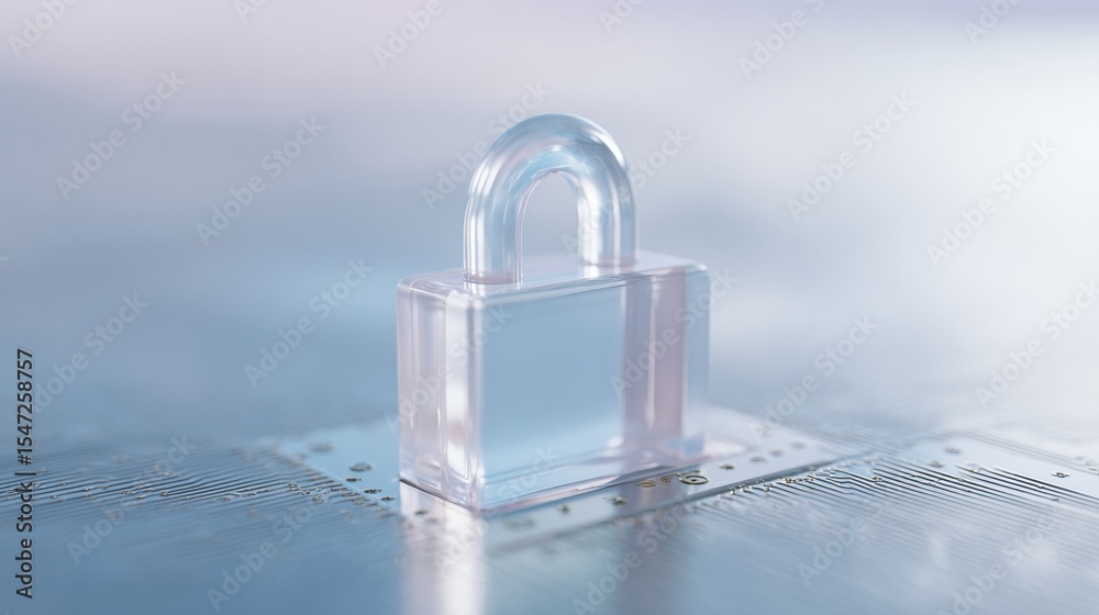 Poster misty dawn aesthetic transparent padlock on circuit board symbolizing ransomware defense and hardwar