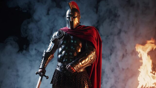 Fierce Roman warrior in shining armor holding sword beside flames, symbolizing strength, ancient warfare, bravery, honor, historical power, and the spirit of gladiatorial combat