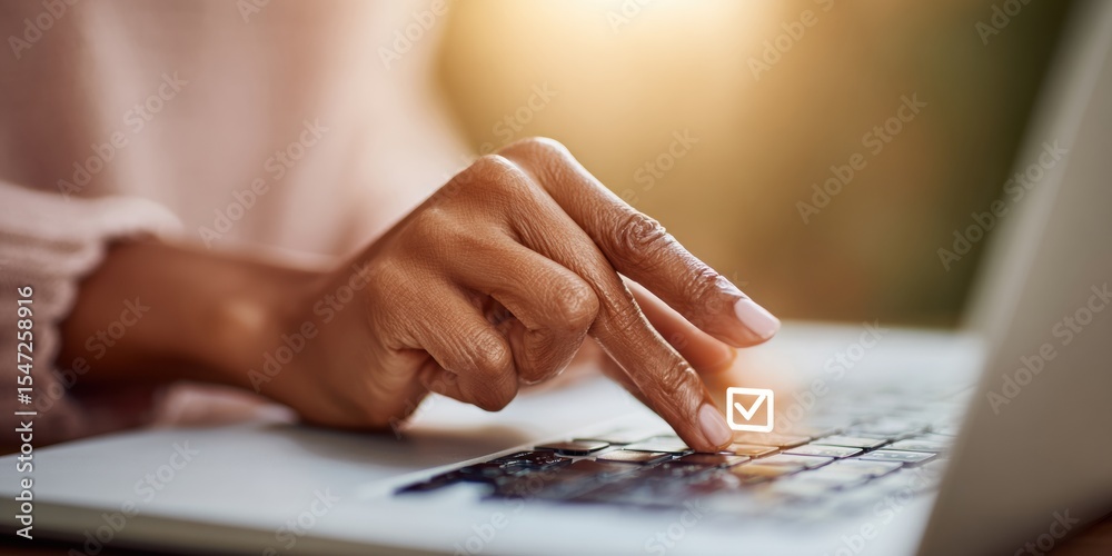 Aufkleber Digital Verification Concept with Hand Pressing Enter on Laptop Keyboard in Warm, Natural Light for Online Authentication and Security Services