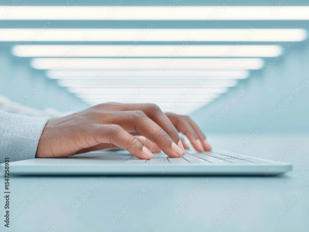 Poster Digital Membership Onboarding Hands Typing on Laptop with Registration Form in Industrial Cool Tone Workspace Modern User Account Creation Concept