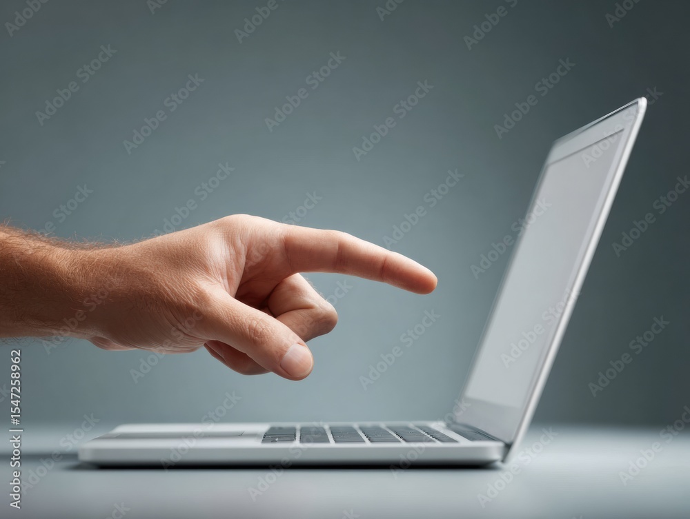 Poster modern minimalistic concept of online survey selection with hand pointing at laptop screen for digit