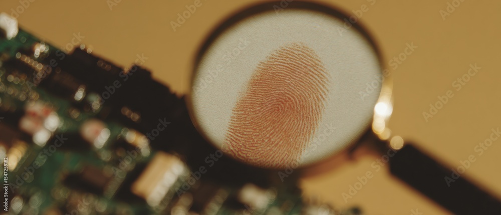 Poster warm cozy digital forensics scene with magnifying glass highlighting fingerprint on circuit board fo