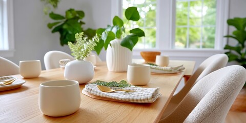 Elegant dining room with wooden table and green plants by large windows