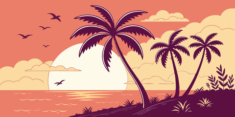 Flat Vector Sunset Beach Scene Minimal Tropical Aesthetic with Tall Dark Purple Palm Trees