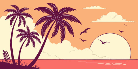 Flat Vector Sunset Beach Scene Minimal Tropical Artwork with Tall Dark Purple Palm Trees