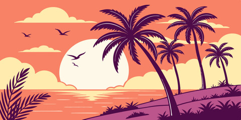 Flat Vector Sunset Beach Scene Minimal Tropical Aesthetic with Tall Dark Purple Palm Trees