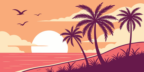 Flat Vector Sunset Beach Scene Minimal Tropical Aesthetic with Tall Dark Purple Palm Trees