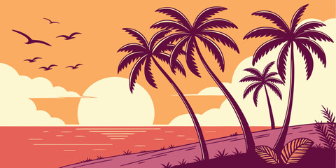 Flat Vector Sunset Beach Scene Minimal Tropical Artwork with Purple Palms, Orange Ocean, and Coral