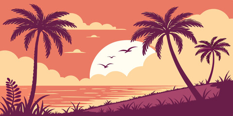 Flat Vector Sunset Beach Scene Minimal Tropical Landscape with Purple Palms, Orange Ocean, and Coral Gradient Sky