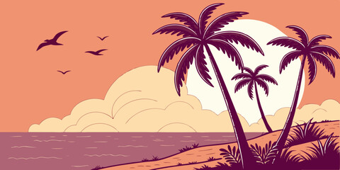 Flat Vector Sunset Beach Scene Minimal Tropical Design with Purple Palms, Orange Ocean, and Coral Gradient Sky