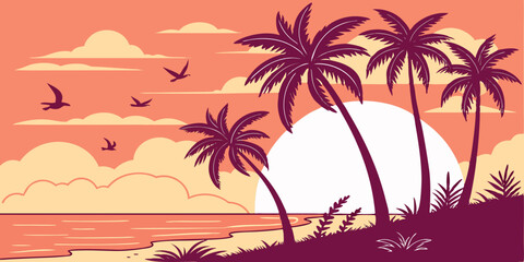 Flat Vector Sunset Beach Scene Minimal Tropical Illustration with Purple Palms, Orange Ocean, and Coral