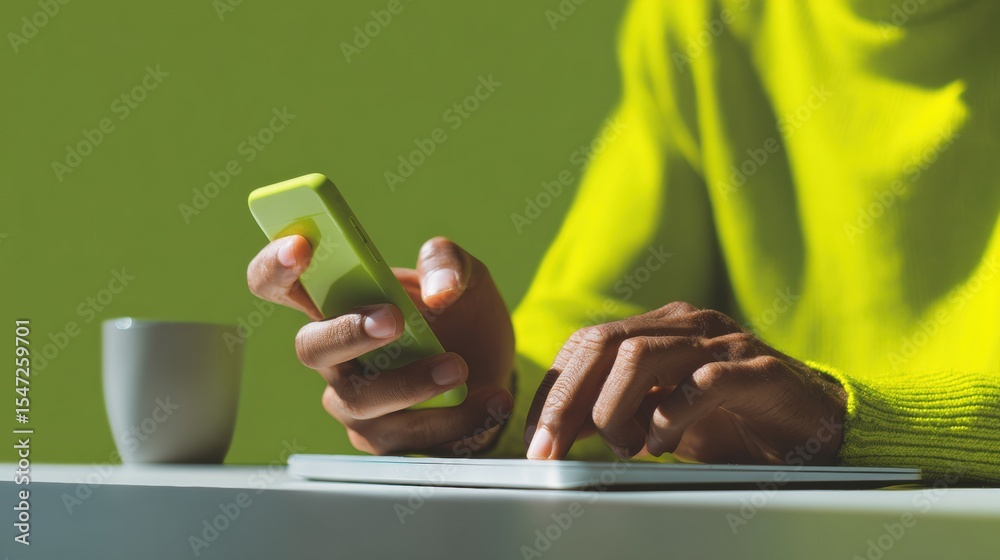 Poster Modern Cybersecurity Workspace with Businessman Using Smartphone and Laptop for Digital Privacy and Secure Workflow in Tech-Driven Office