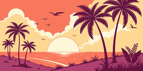 Flat Vector Sunset Beach Scene Minimal Tropical Illustration with Purple Palms and Vibrant Gradient Sky