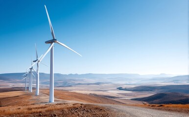 Tall wind turbines rise against a clear sky, producing clean energy within a vast and open landscape as a renewable power source in rural settings that promote a sustainable future