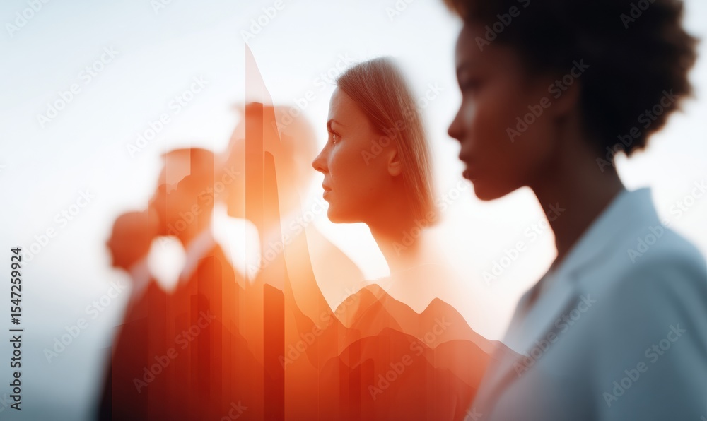 Poster modern business meeting with transparent overlapping charts and diverse professionals focused on str