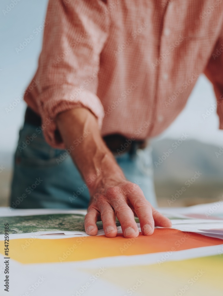 Poster closeup of hand exploring colorful papers with warm natural light in casual outdoor creative workspa