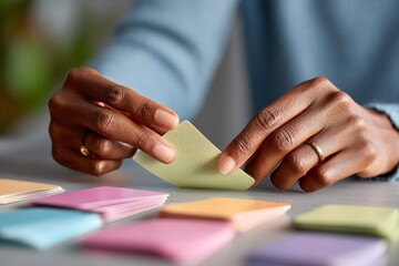 African female hands sorting colorful paper cards on table