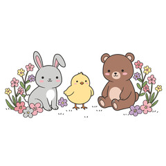 Adorable Bunny, Chick, and Bear in Springtime Floral Garden