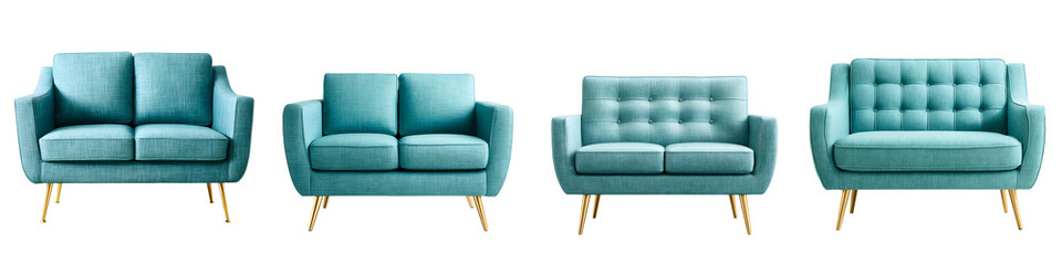 Fototapeta premium Modern Teal Loveseats with Gold Legs on White Background - Styling Set