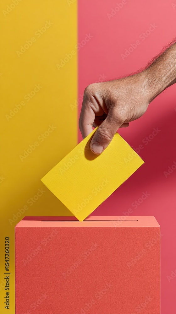 Poster modern voter participation concept with hand inserting yellow ballot into red cardboard box on color