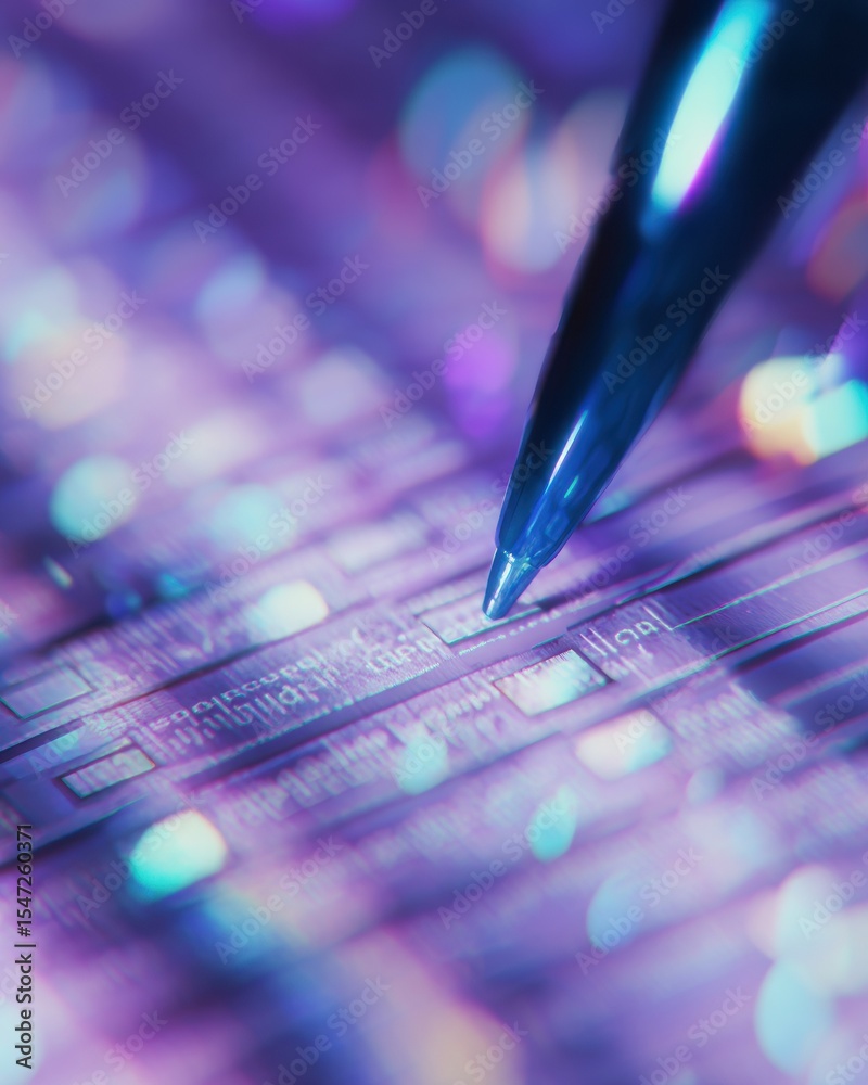 Poster futuristic vote counting with ballpoint pen on checklist sheet featuring neon blue and violet led li