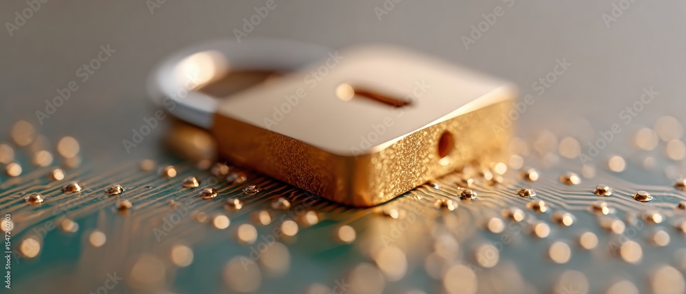 Poster secure connection concept with golden lock on computer motherboard circuit in warm golden hour light