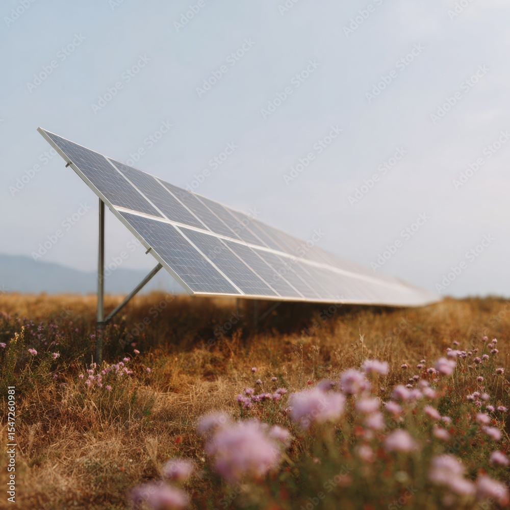 Poster ethereal soft pastel solar panel installation in open field with gentle natural light for renewable 
