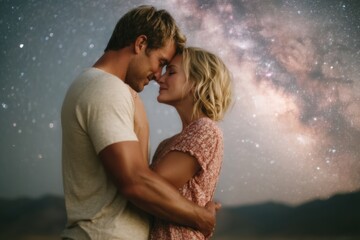 Intimate Stargazing Couple Embracing Under Cosmic Mountain Sky Symbolizing Deep Romance and Emotional Connection for Relationship Wellness