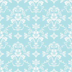 The seamless rococo damask, White on Powder Blue, represents a fresh, clean mood, used for tile wallpapers and other vector designs.