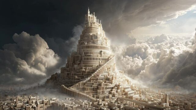 Photorealistic depiction tracking the Tower of Babel rising above a sprawling city, surrounded by dramatic clouds. The scene evokes ambition and chaos, referencing Genesis 11:1-9.