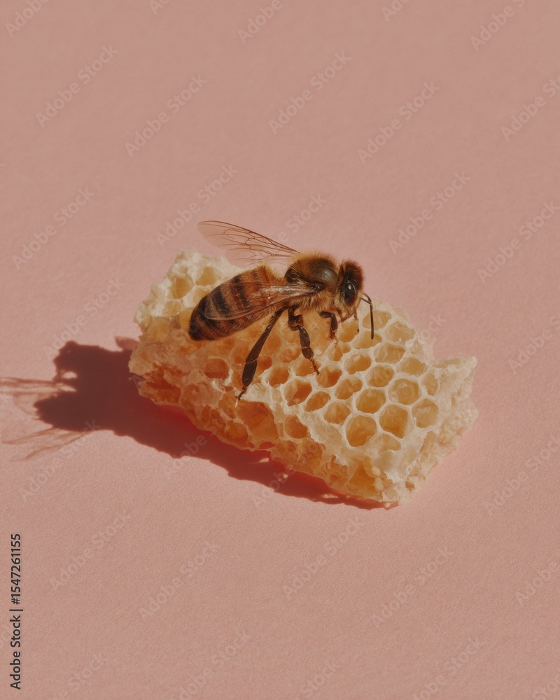 Poster close-up of bee on natural honeycomb hexagonal wax cells with soft shadow on pastel background for s