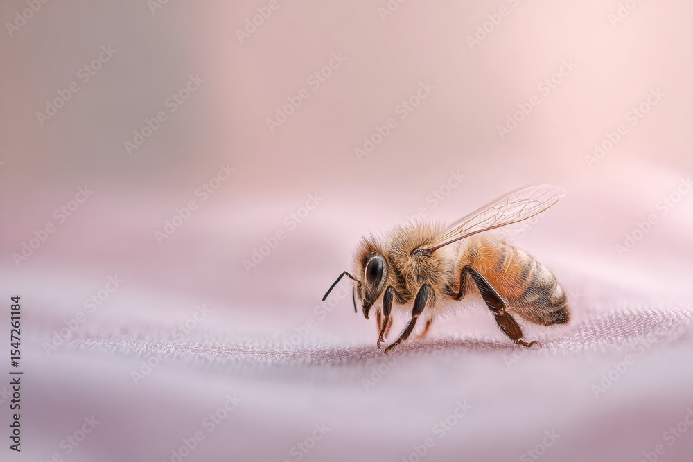 Poster Macro Close-Up of Bee Specimen with Detailed Fuzzy Body and Transparent Wings on Smooth Surface for Educational and Biodiversity Awareness