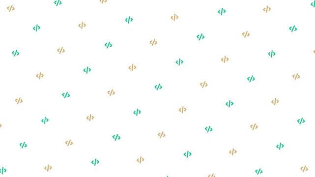 Muted green and soft yellow mini coding icons drift upward with gentle rotation on a white background. Seamless loop symbolizing digital programming flow, code culture, and modern dev aesthetics.