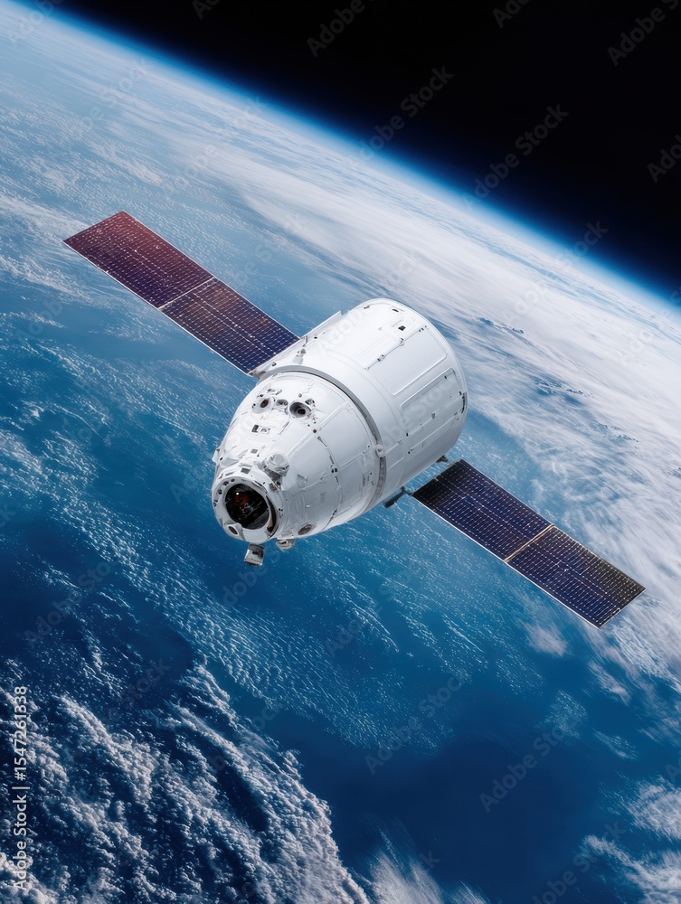 Aufkleber advanced cargo spacecraft orbiting earth with solar panels and docking mechanisms in high-tech comme