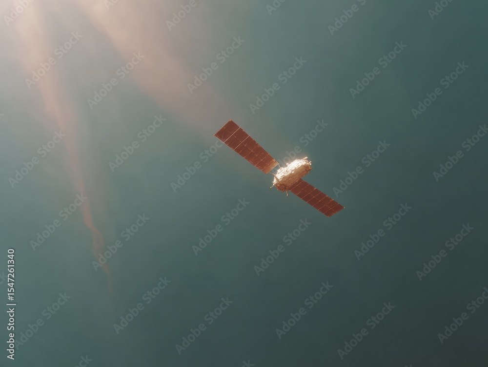 Poster Modern Satellite with Extended Solar Panels in Orbital Space, Showcasing Advanced Communication Tech for Global Connectivity and Digital Infrastructure Solutions