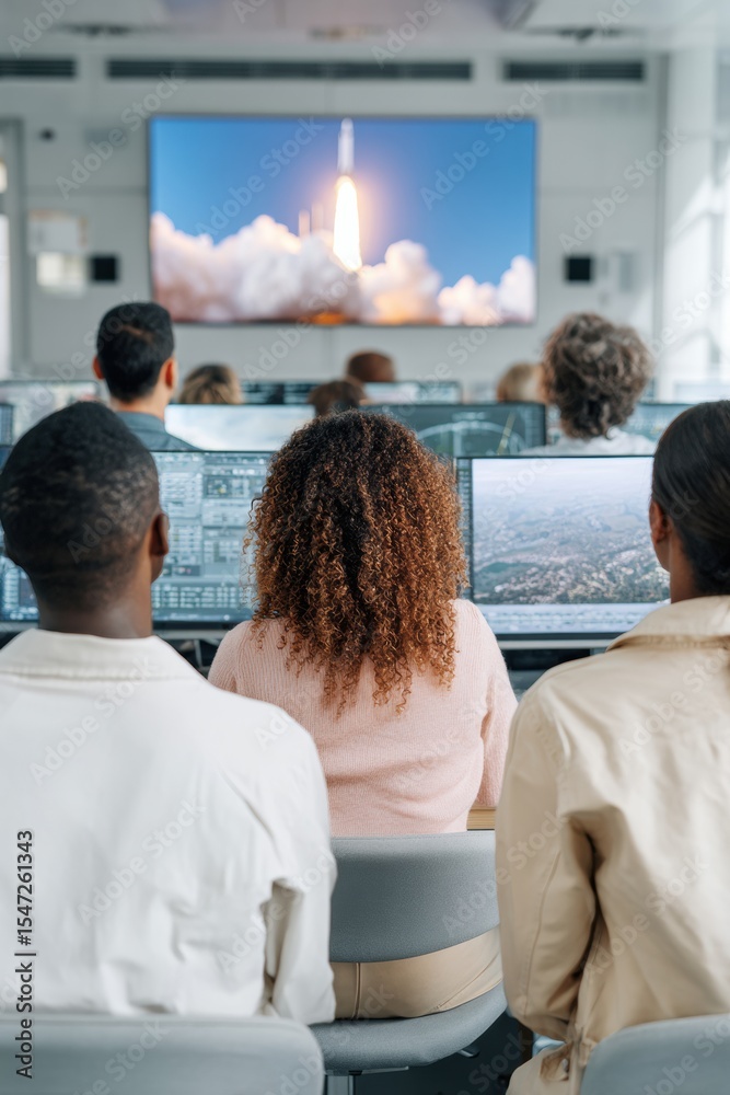 Poster Diverse Aerospace Team Monitoring Satellite Launch in Modern Control Room with Advanced Tech Highlighting Precision and Innovation in Space Missions