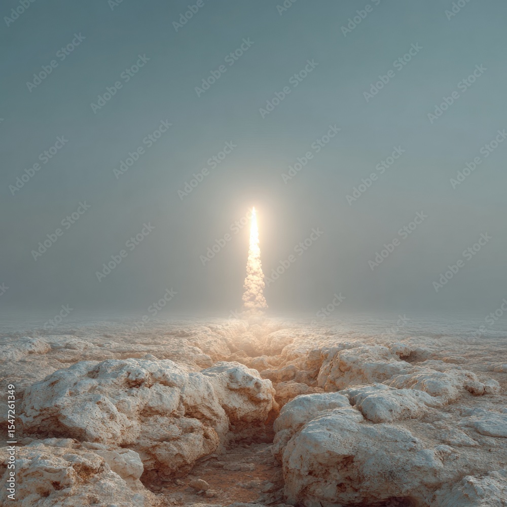 Poster rocket launch over rocky terrain with dramatic smoke trail in foggy atmosphere - futuristic space ex